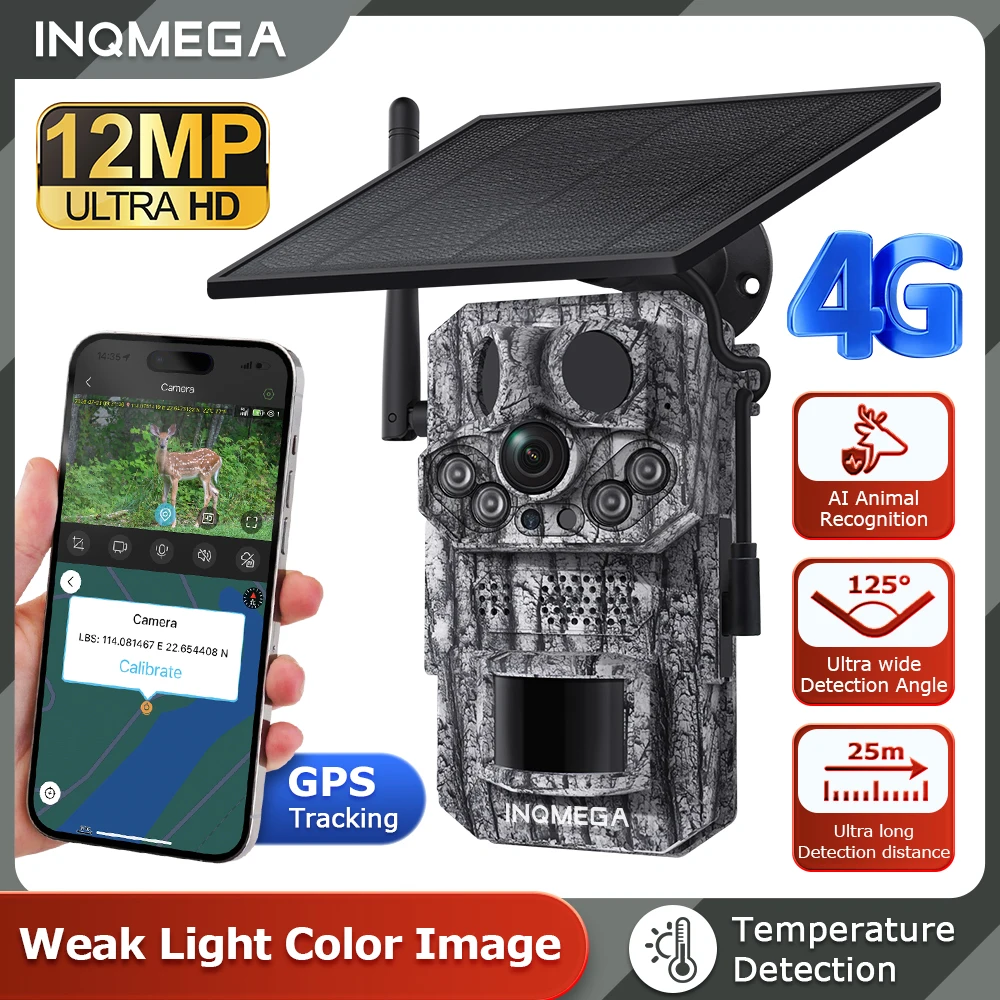 INQMEGA 12MP 4G Solar Trail Camera GPS Tracking 125° Wide Angle 25m PIR 3 Sensors AI Animal Recognition NoGlow Night Vision IP66