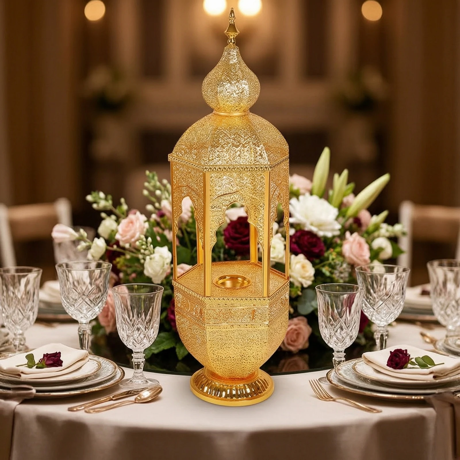Castle Incense Burner Gold-Tone Hollow Castle Censer Incense Burner with Tray Ornate Decor Filigree for Prayer Room, Entryway