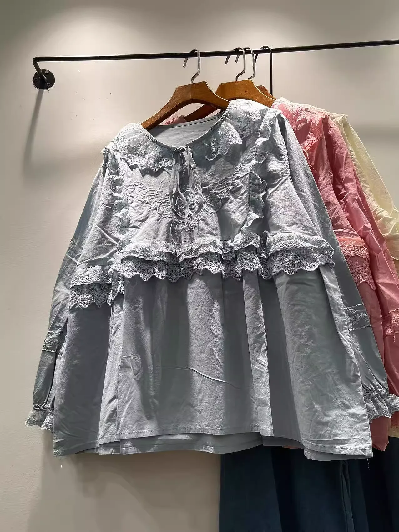 

Enianechu Bust 112cm mori kei clothing sweet lolita beige pink blue lace patchwork shirts and blouses cotton autumn long sleeve