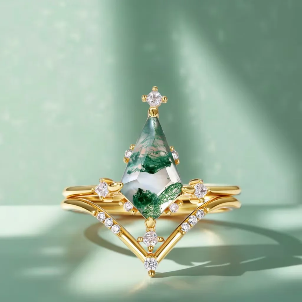 

Women's Kite Cut Moss Agate Engagement Ring Gold Plating Celestial Stackable Rings for Wedding Anniversaries