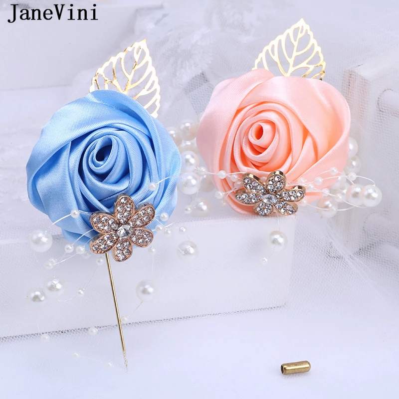 JaneVini Broche Flor Crystal Pearl Groom Boutonniere Wedding Gold Suit Flowers Pink Corsage Buttonhole Pin Satin Rose Men Brooch