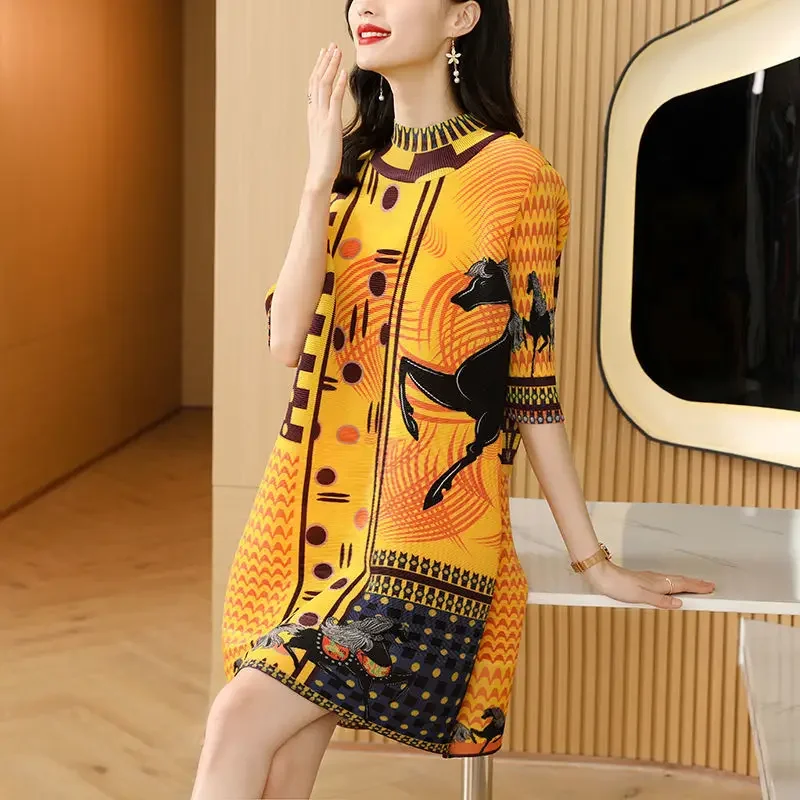 

National wind print fold dress female 2023 spring noble elegant temperament retro and chic loose skirt o neck short sleeve dress