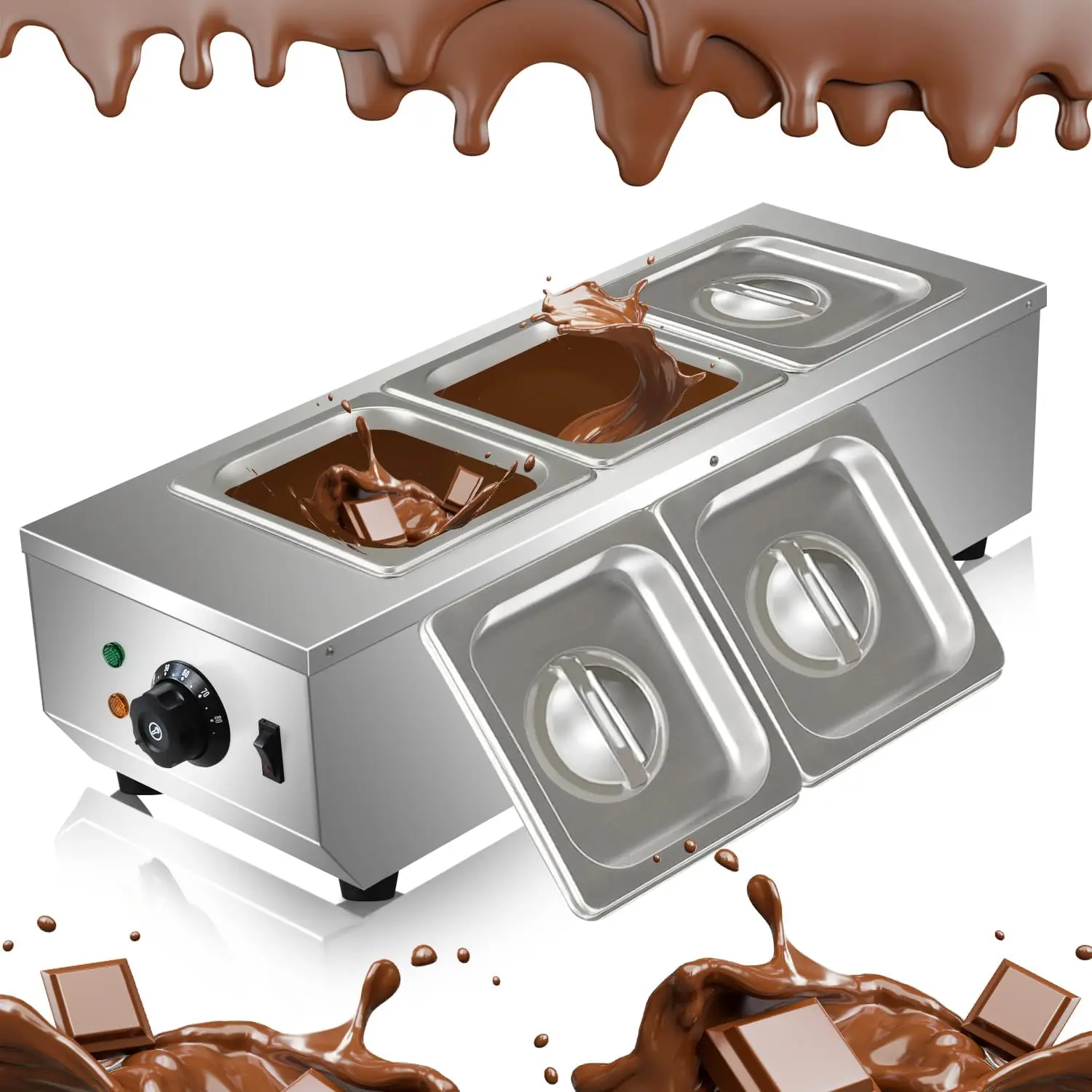 آلة تقسية، 3 خزانات وعاء صهر الشوكولاتة، وعاء فوندو كهربائي تجاري من الفولاذ المقاوم للصدأ بقدرة 1200 وات لشوكولاتة الشوكولاتة