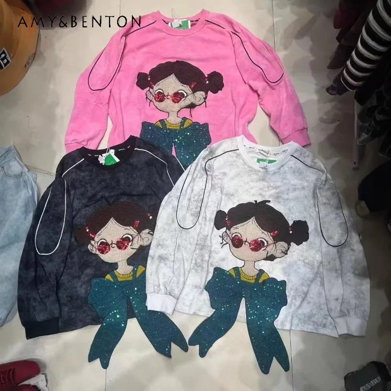 

Fashion Winter Autumn New Oversized Loose O-neck Hoodies Jacket Heavy Industry Cartoon Patchwork Fleece Warm Sweatshirt Top Coat