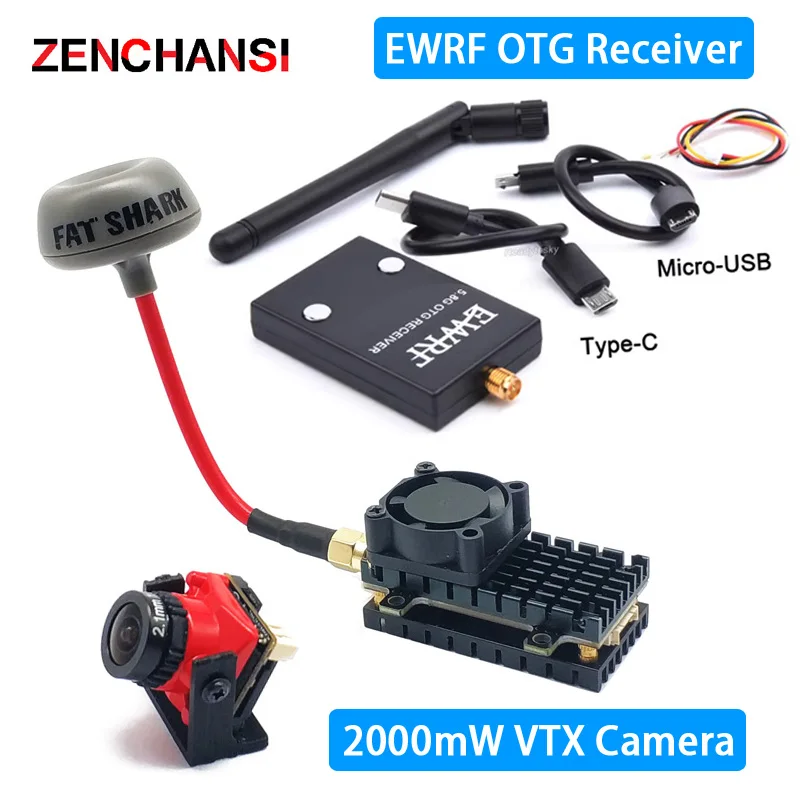 New EWRF OTG UVC Receiver and 5.8G FPV Set Video 2000mw VTX Wireless Transmitter with 2.1mm CMOS 1200TVL fpv Camera for RC Part