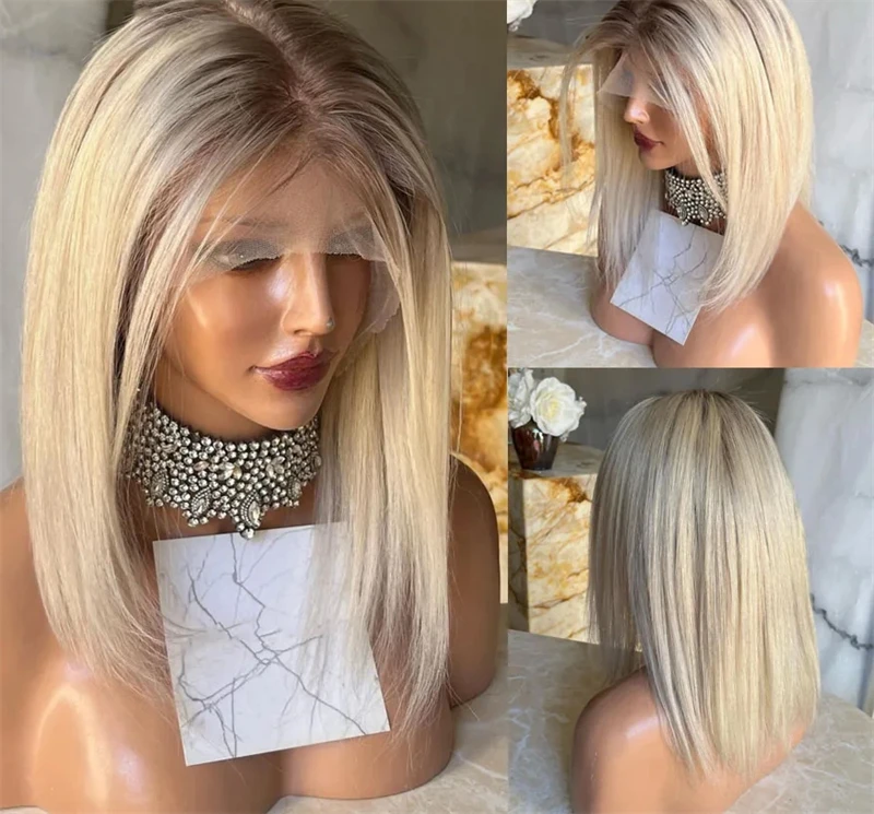 Ombre Ash Blonde Bob Lace Hair Lace Front Short Straight Wig Middle Part Synthetic Front Wig Heat Resistant Synthetic Hair Daily