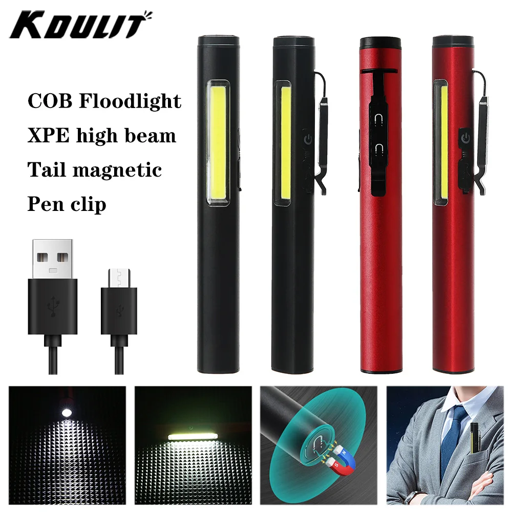 USB Rechargeable LED Flashlight Side COB Portable MINI Pen Clip Light Built In Battery Multifunctional Camping Emergency Lantern