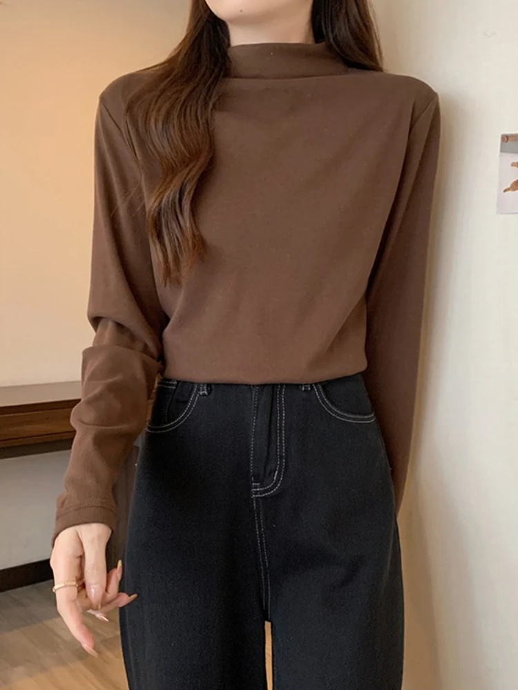 Warm Base Layer Tops Women's Velvet Knitted Turtleneck T-Shirt Autumn Winter Fashion Long Sleeve Solid Color Oversized Tees