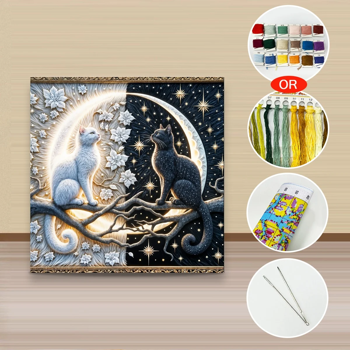 1 Stück 40x40 cm/15,74 Zoll, 11Ct/14Ct Kreuzstich-Set, DIY Valentinstagsgeschenk, Stickerei-Set für Festlichkeiten, Sonne, Mond, Katzen, Ast – Detail 3