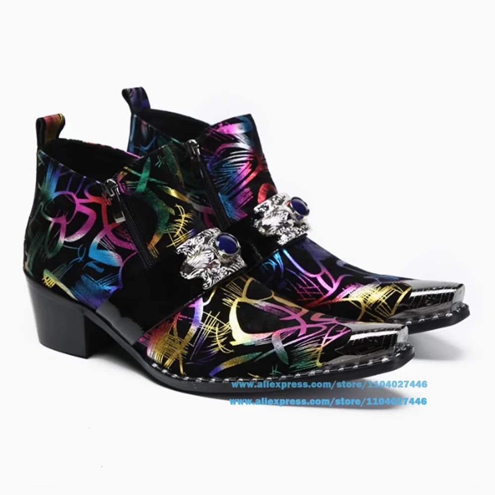 Metal Toe Multi-colors Boots for Men Lace-up Side Zipper Colorful Leather High-top Boots British Luxury Handmade Trend Men Shoes