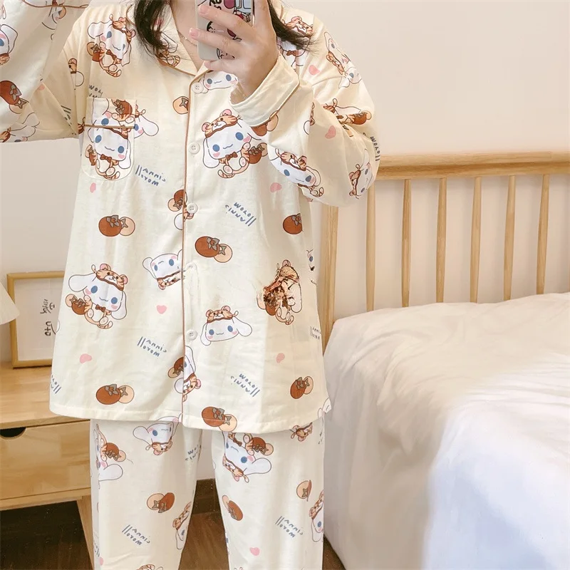 New Sanrio Kawaii Cinnamoroll Spring And Autumn Long-sleeved Pajamas Cotton Students Loose Home Clothes Two-piece Suit Girls