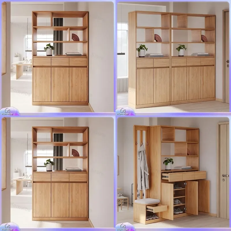 for Oak All Solid Wood Shoe Cabinet Stool Entrance Cabinet Integrated Against The Wall Log Style Home Shoe Rack Modern