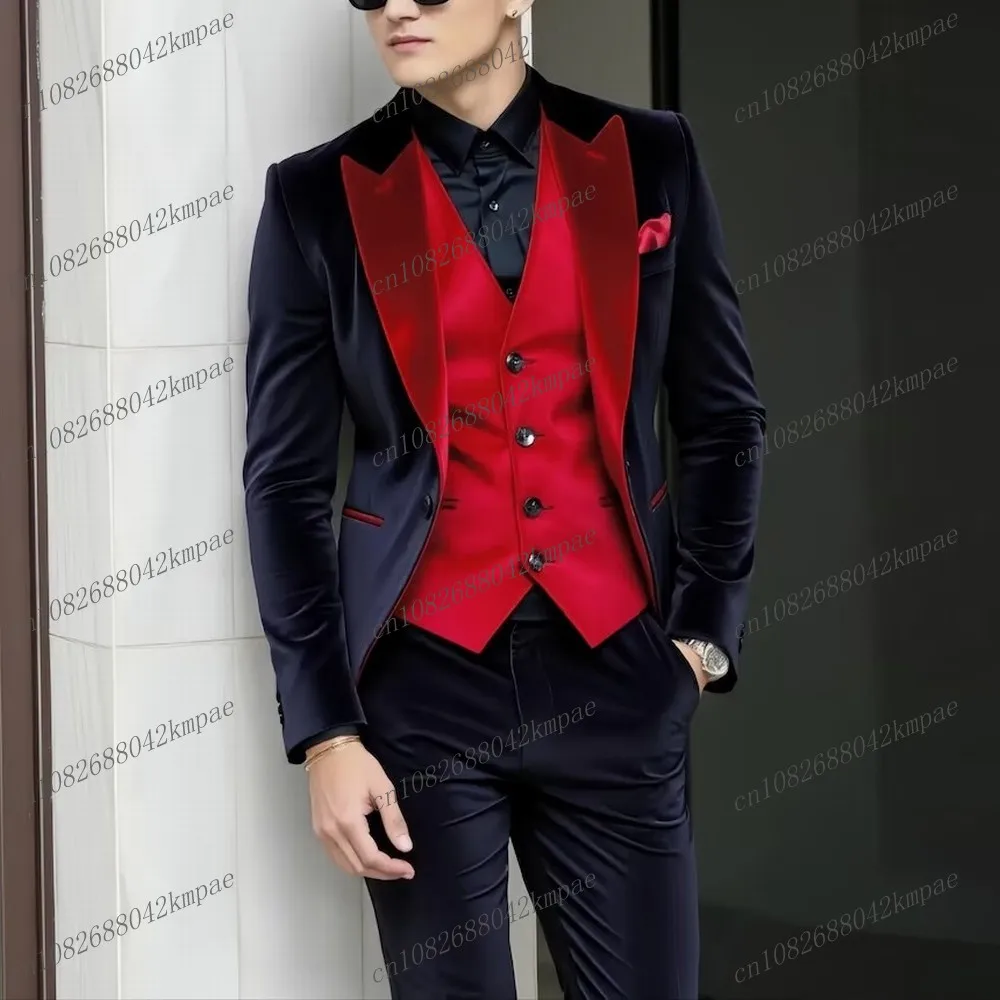 

Бархатный темно-синий и красный деловой мужской костюм для жениха, жениха, свадебной вечеринки, выпускного вечера, деловой мужской смокинг, комплект из 3 предметов, блейзер, жилет, брюки