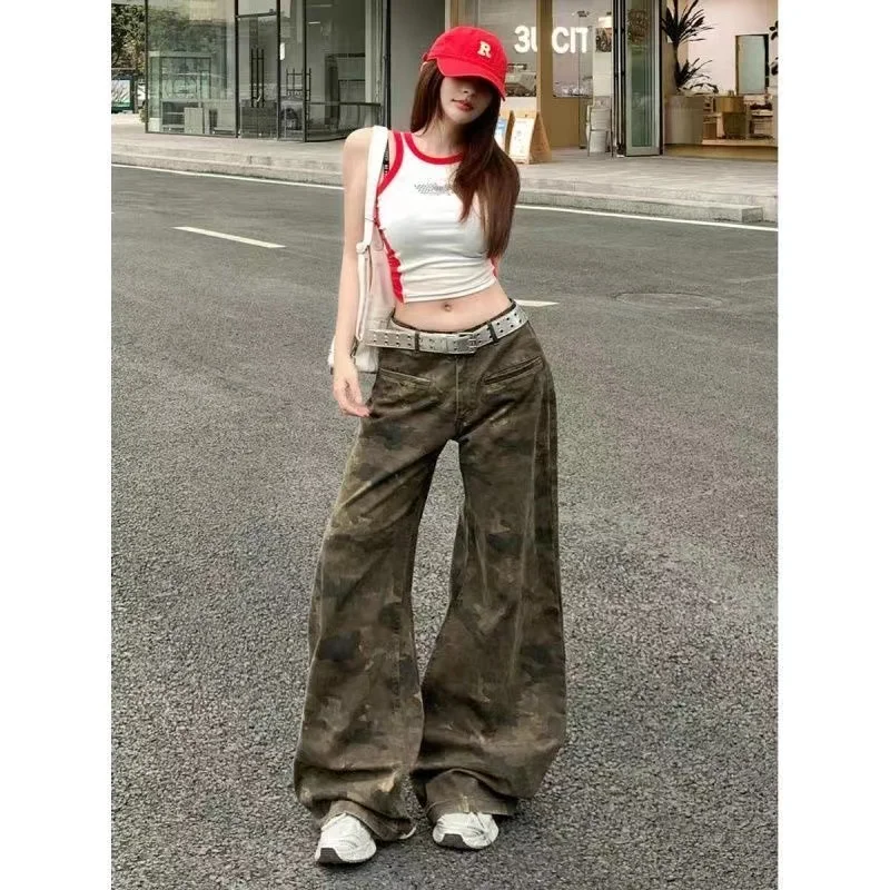 Americano retro camuflagem casual calças de trabalho feminino solto perna larga jeans outono novo sle cintura alta fechamento com zíper