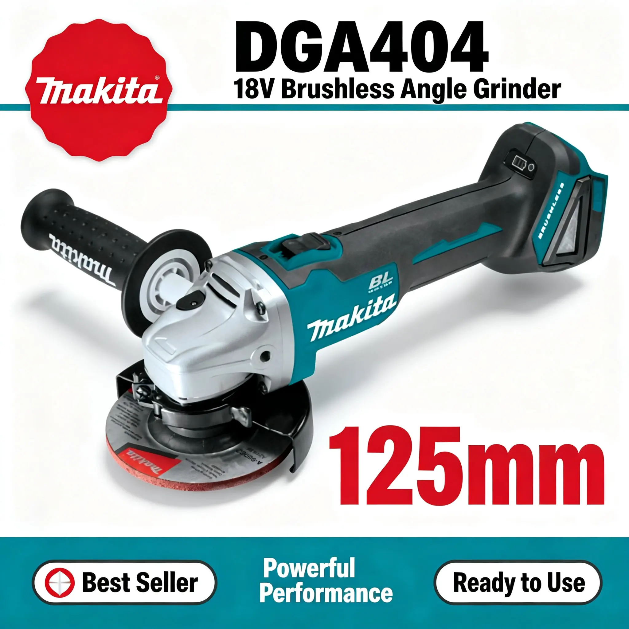 Nuovo modello Makita DGA404, smerigliatrice angolare a batteria 18V, 125 mm, con motore brushless e tecnologia agli ioni di litio, per lavorazioni metalliche, taglio, smerigliatura e lucidatura.