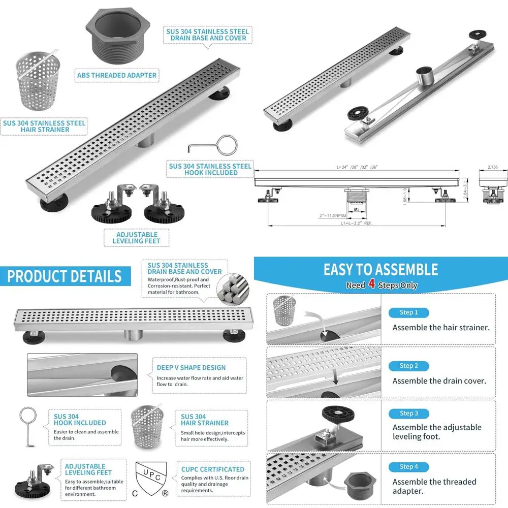 28 Rectangular Brushed Nickel Linear Shower Drain, 51L/min Drainage, CUPC Certified, SUS-304 Stainless Steel