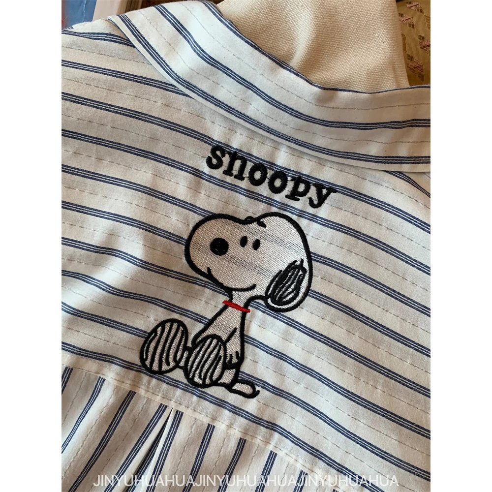 Snoopy Cartoon Embroidery Women Shirt Patchwork Striped Long Sleeve Blouse Oversized Loose Casual Kawaii Harajuku Streetwear
