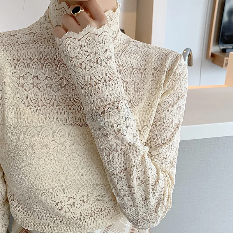 

Women's Fresh Sweet Lace Mesh T-shirt Top Autumn Hollow Out Long Sleeve Inner Wear Elegant Outerwear T Shirt