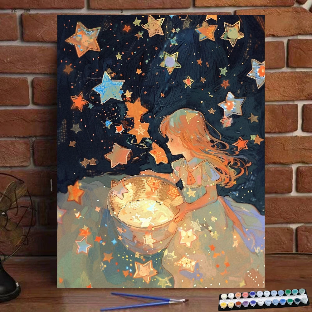 Painting by Numbers Girl collecting stars Art Culture Digital Painting Handmade Adult Children Gift Wall Decoration Dig