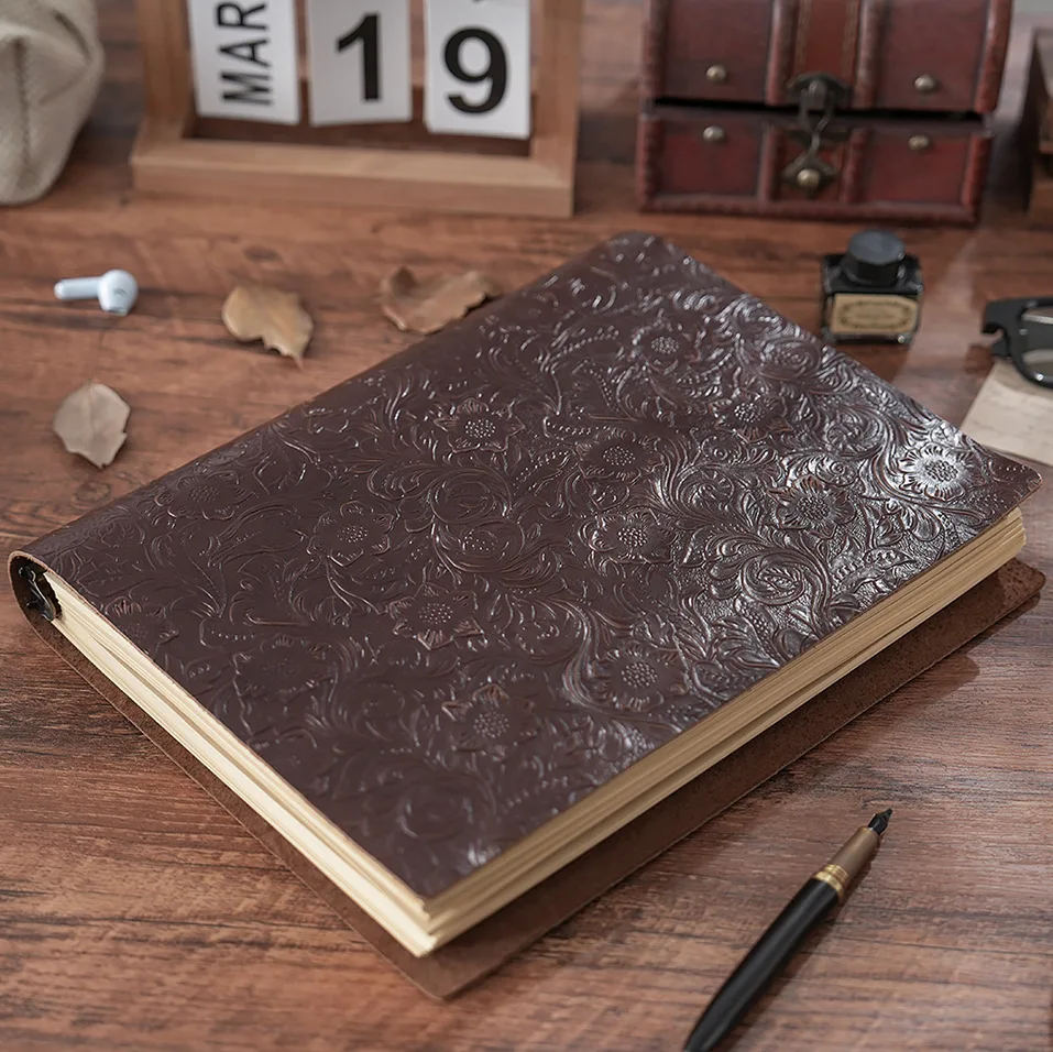 Real Leather Notebook Genuine Leather Cover Journal Loose-leaf Notebooks Floral Pattern Retro Style A4 A5 B5