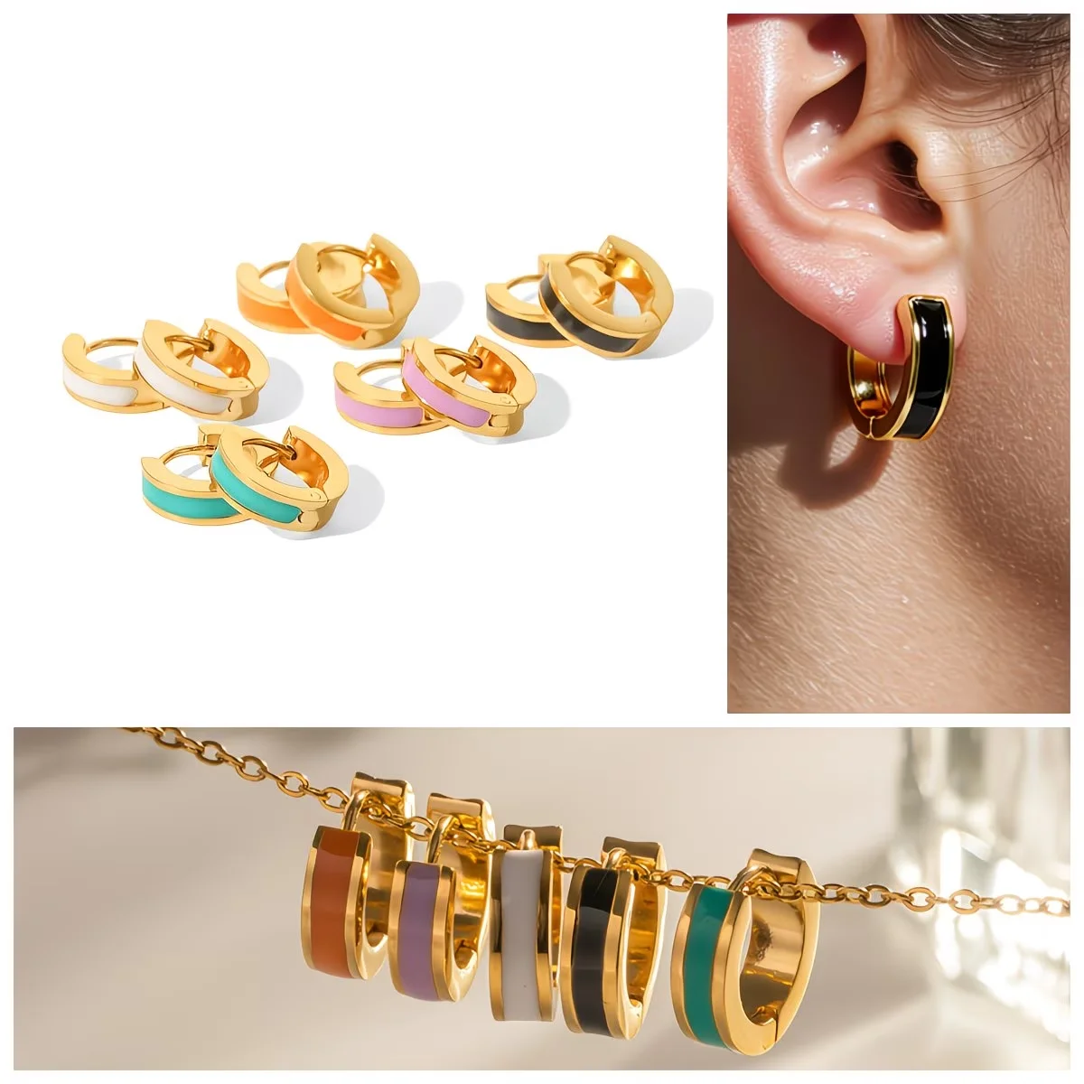Colorful Enamel Hoop Earrings Female Glamour Jewelry Stainless Steel Dripping Oil Black White Round Circle Earrings for Women