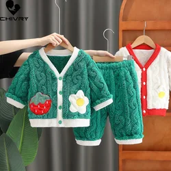 New Kids Autumn Winter Cartoon Strawberry Clothing Sets Baby Thicken Warm Soft Flannel Pajamas Girls Casual Sleepwear Pyjamas