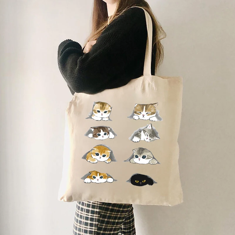 Sac fourre-tout à motif de dessin animé de chats mignons pour filles, sacs initiés en toile, sac à main de shopping réutilisable, pochette chimazole pliante, cadeau pour elle