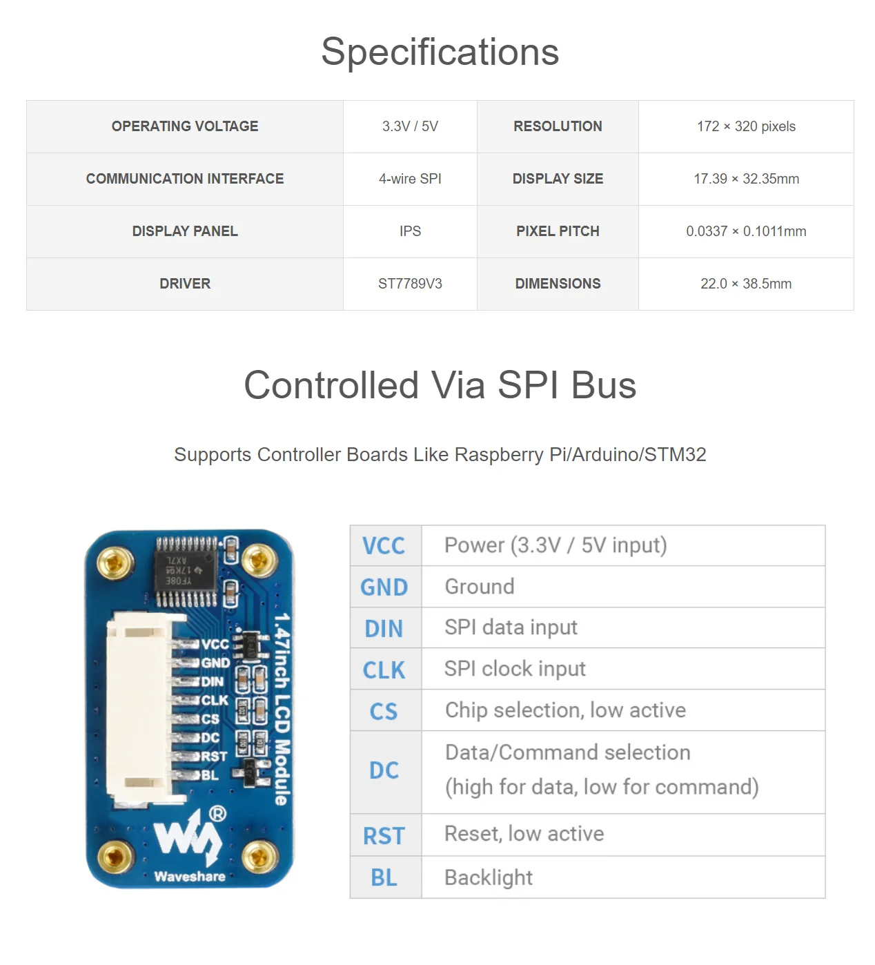 1.47 بوصة وحدة عرض إل سي دي لتوت العليق بي اردوينو STM32 زوايا مدورة 172 × 320 دقة واجهة SPI