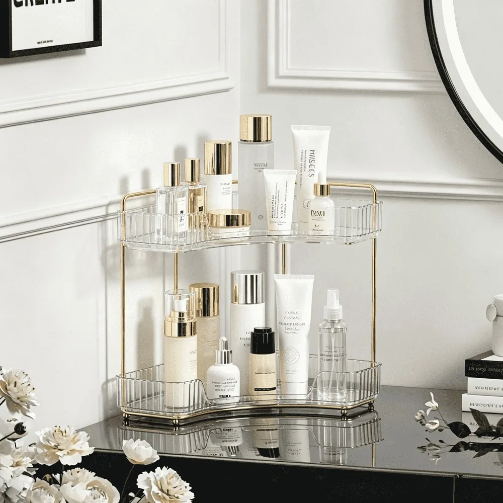 Elegant Metallic 2/3 Tier Gold Corner Vanity Rack – Decorative Countertop Corner Storage, Modern Makeup Organizer Shelf For Skincare Bottles, Lipsticks And Fragrance Collection