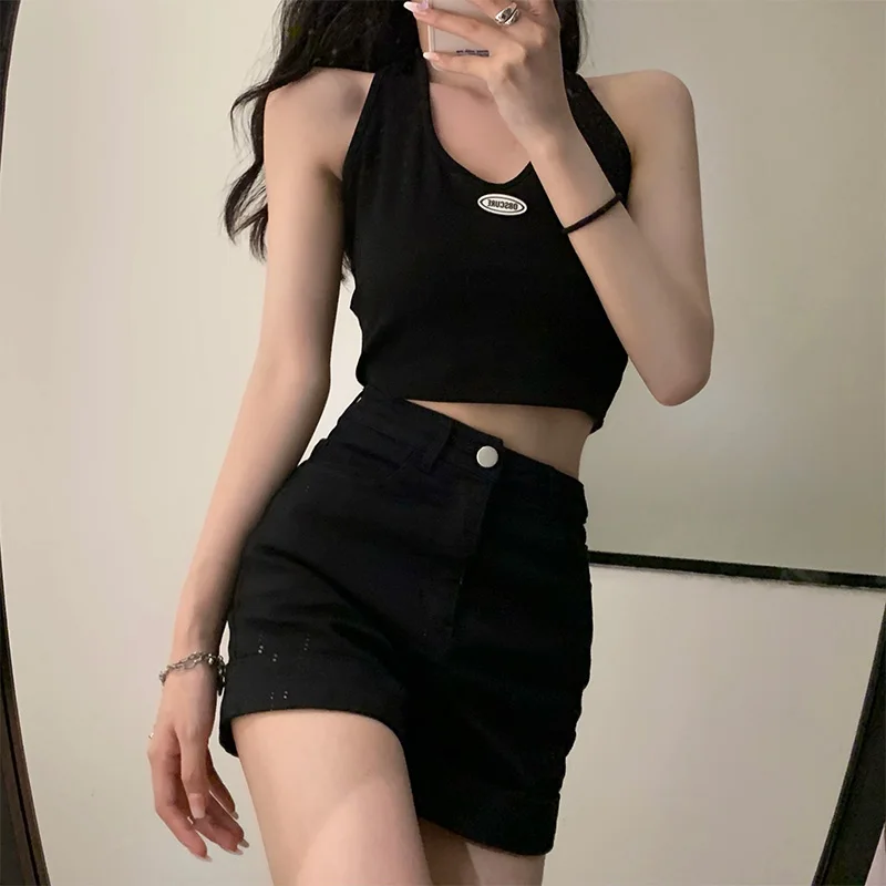 High Waist Elastic Women's Denim Shorts Summer Black Wash Slimming Straight Leg Cotton Stretch Jeans High Waist Shorts