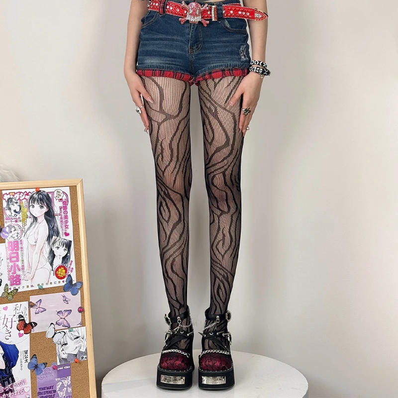Women Fashion Gothic Flower Hollow Out Sexy Pantyhose Y2k Fishnet Wine Red Ins Hot Girls JK Tights High Elastic Hipster Leggings