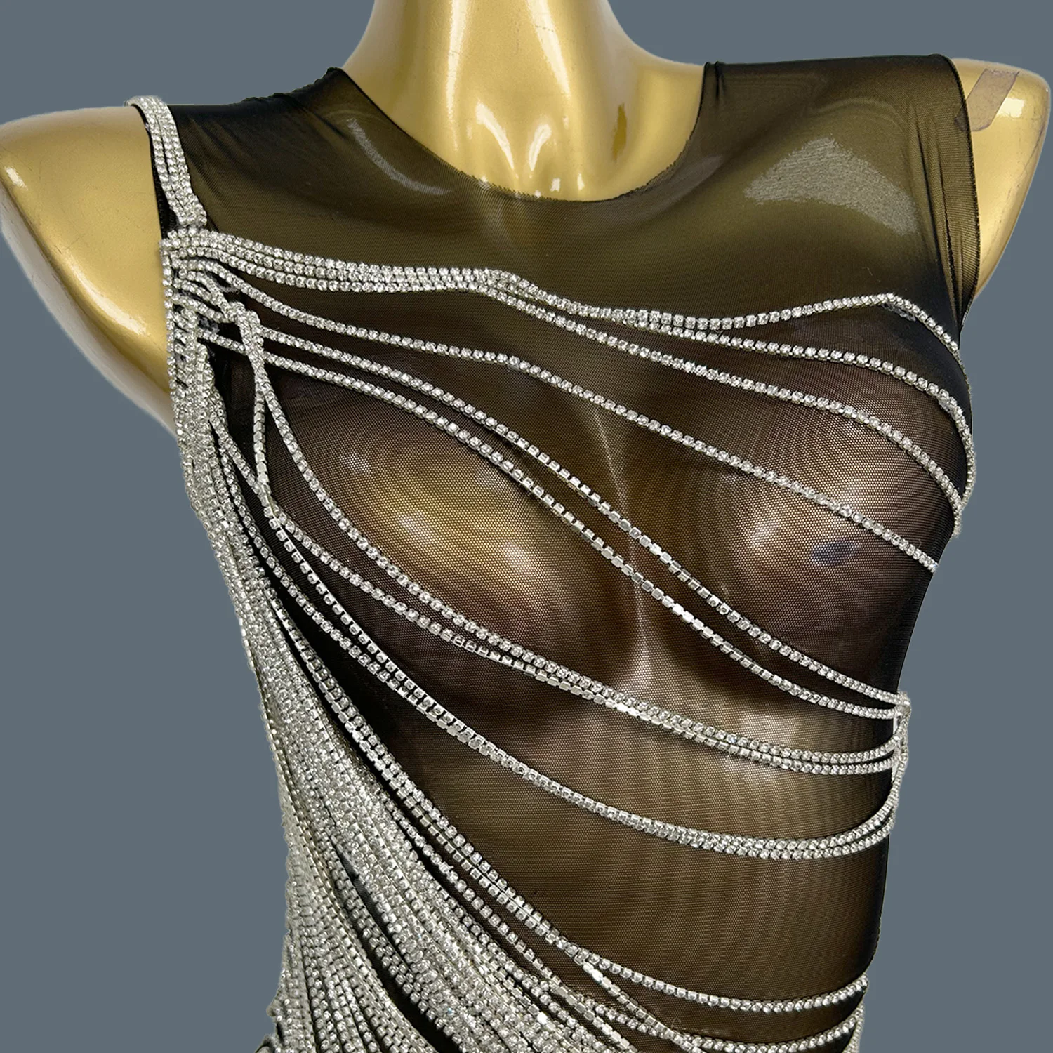 

Sexy Black Mesh See Through Mini Dress Nightclub Party Outfit Silver Tassel Women Event Show High-end Couture Show Suit Quanlian