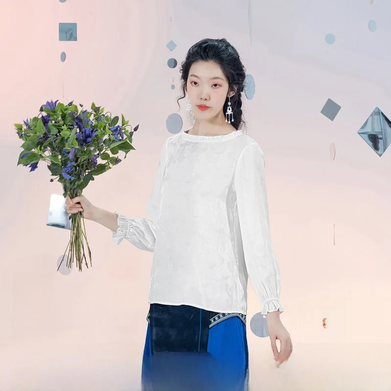 

Original White Embroidered Long Sve round Ne irt Spring Summer New Arrival Musoom Lace Trim Versatile Loose Fit irt