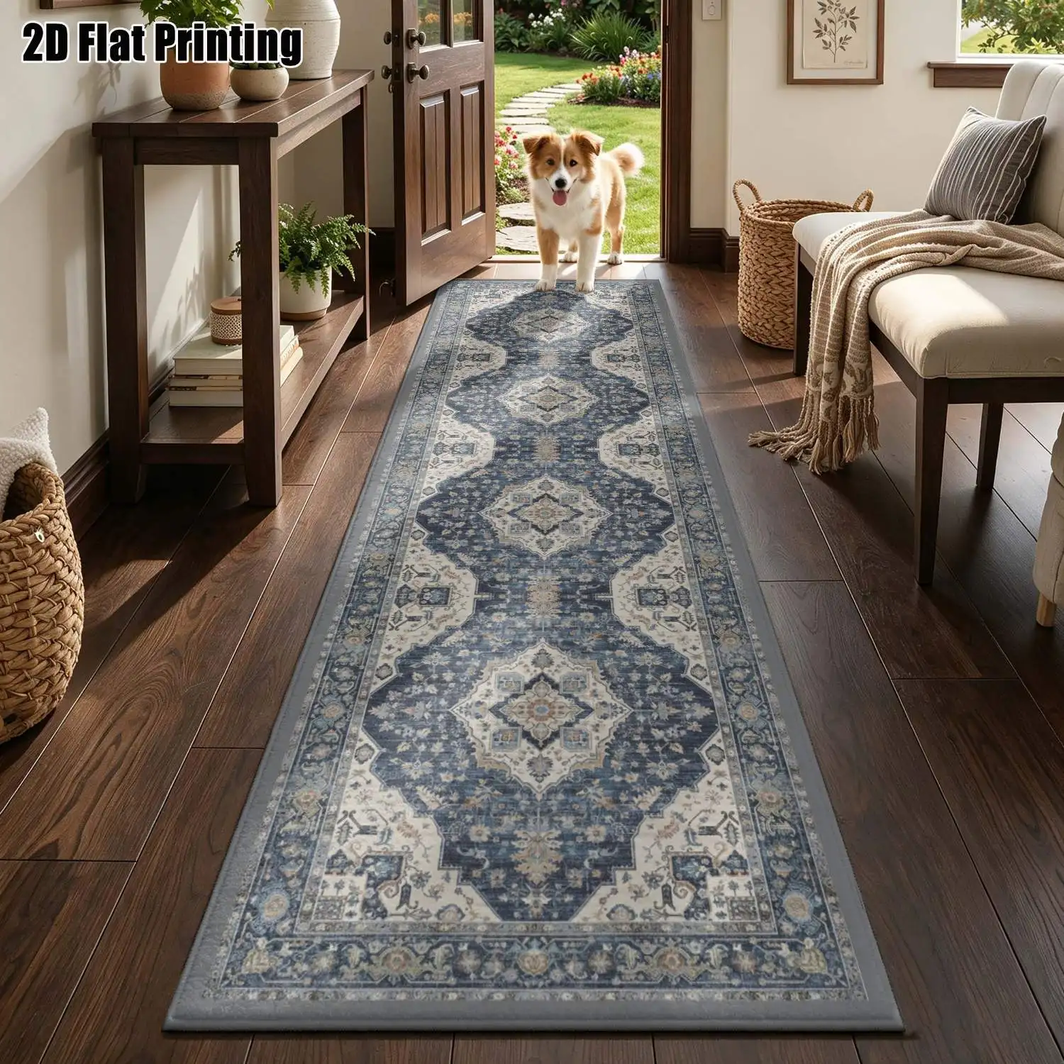 1Pc 2D Printed Long Strip Rug: Blue-Grey Geometric Diamond, Nordic/Modern Minimalist/European Style, Machine Washable, Multi-Size, Home Decor, Ideal for Entryway, Hallway, Living Room, Bedroom