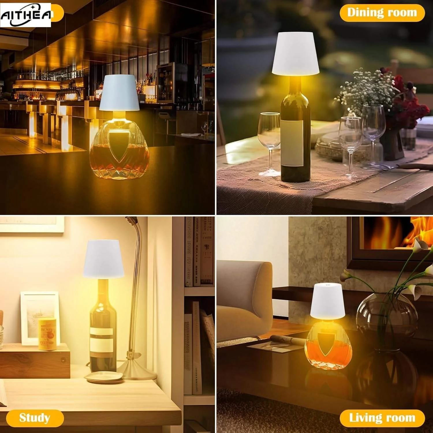 AITHEA Wireless Table Lamp LED Wine Bottle Base Rechargeable Vases Light Touch Switch Bar Dining Lamp