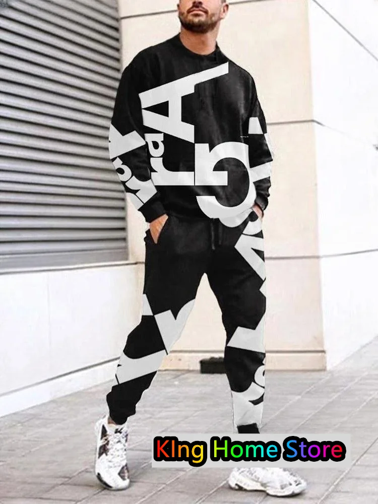 

Autumn Men's Long Sleeve Trouser 2 Piece Set Outfit Casual Letter Print Oversized Sportwear Men's Street Clothing Outfit