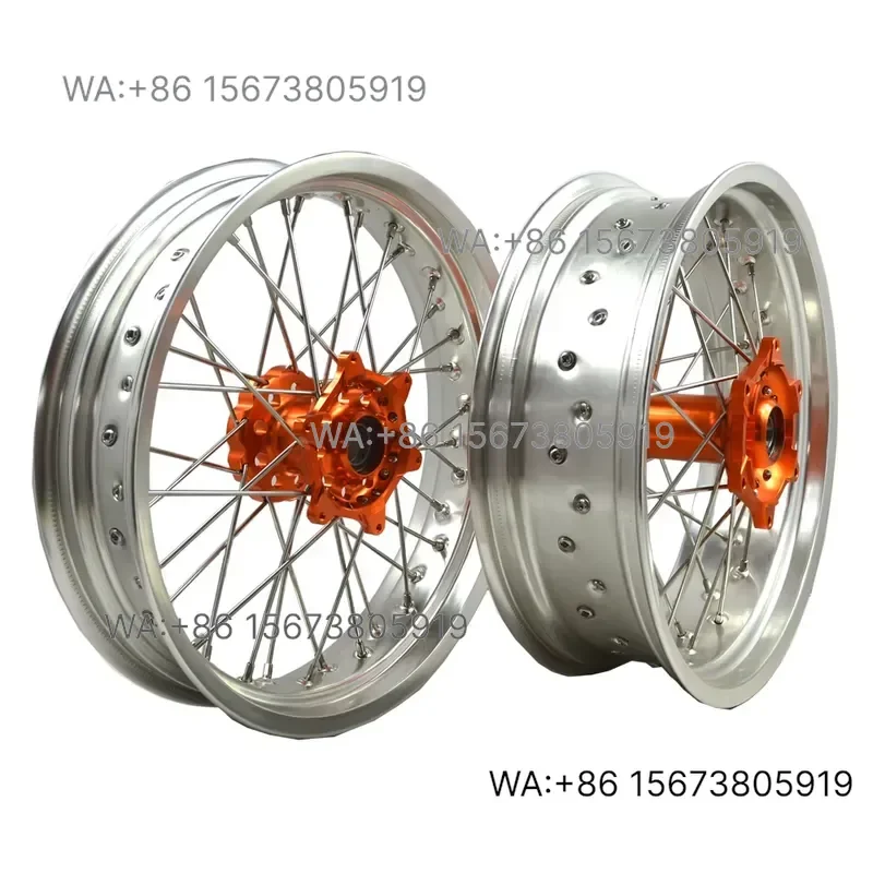For Wmwmnu EXC SX SXF Supermoto CNC Motorcycle Wheel Rims Silver Rim with Orange Hub 1 Set