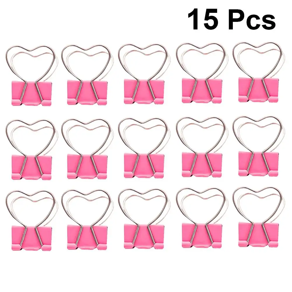 

15pcs Pink Heart Shaped Metal Binder Clips Widened Arc Design Office Document Binding Paper Clamps Reusable