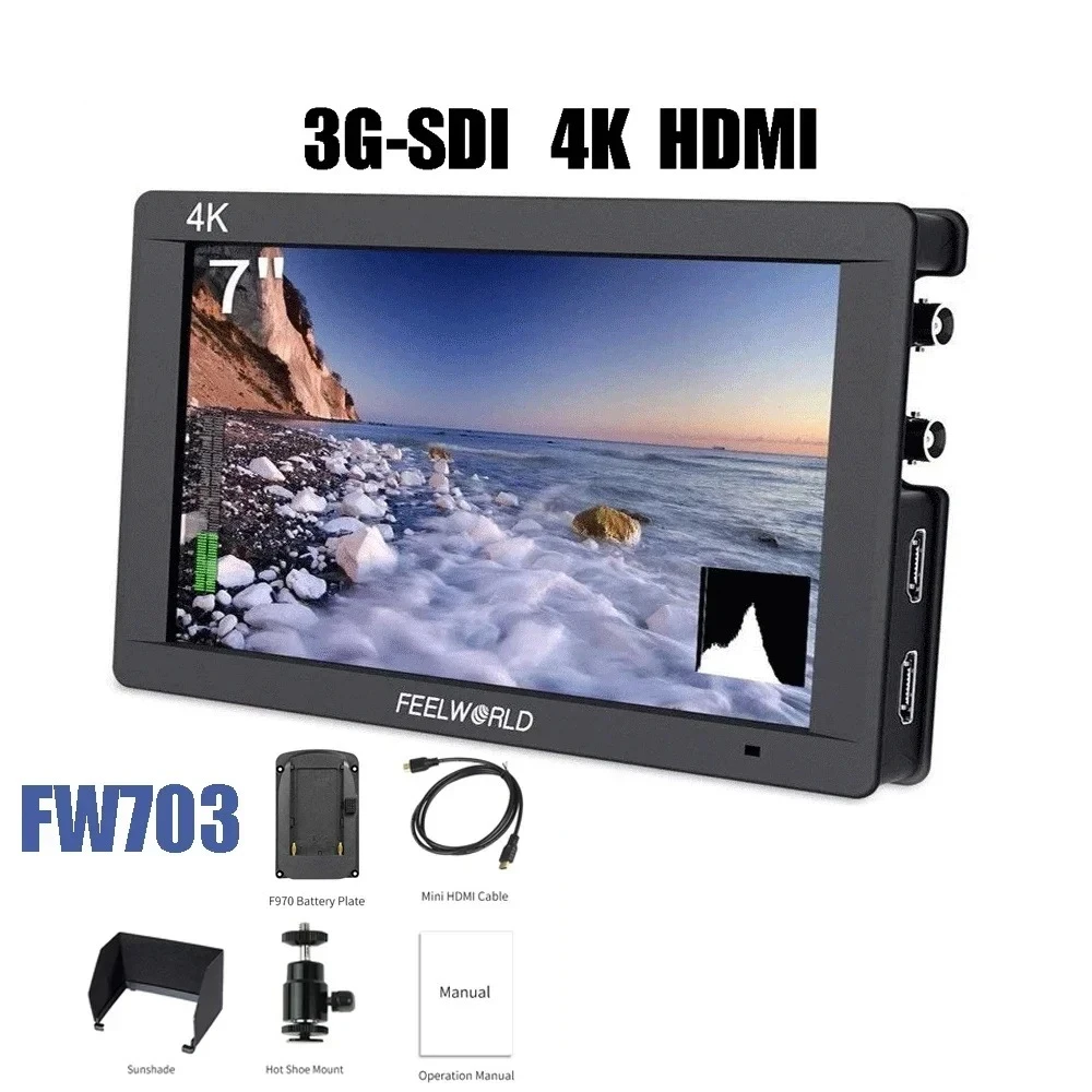 Feelworld FW703 3G SDI HDMI 4Kカメラフィールドモニター 7インチIPSフルHD 1920x1200 ポータブルDSLRモニター (キヤノン、ニコン、ソニー対応)