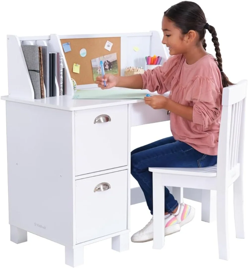 

Wooden Study Desk for Children with Chair, Bulletin Board and Cabinets White kids table children study desk