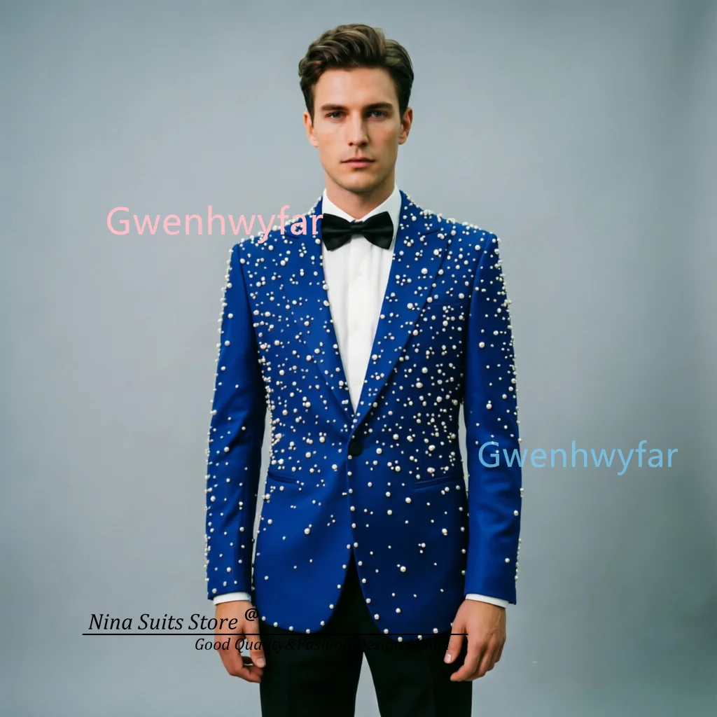 G&N Young Men's Graduation Ball Dress Set, Blue Coat and Black Pants, 2026 Autumn New Collection Handmade Pearl Decoration White