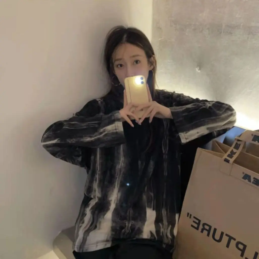 Fall Tie Dye Print Women O Neck Long Sleeve T Shirts Korean Fashion Highstreet Harajuku 2xl Oversized Clothing Tops Black Unisex