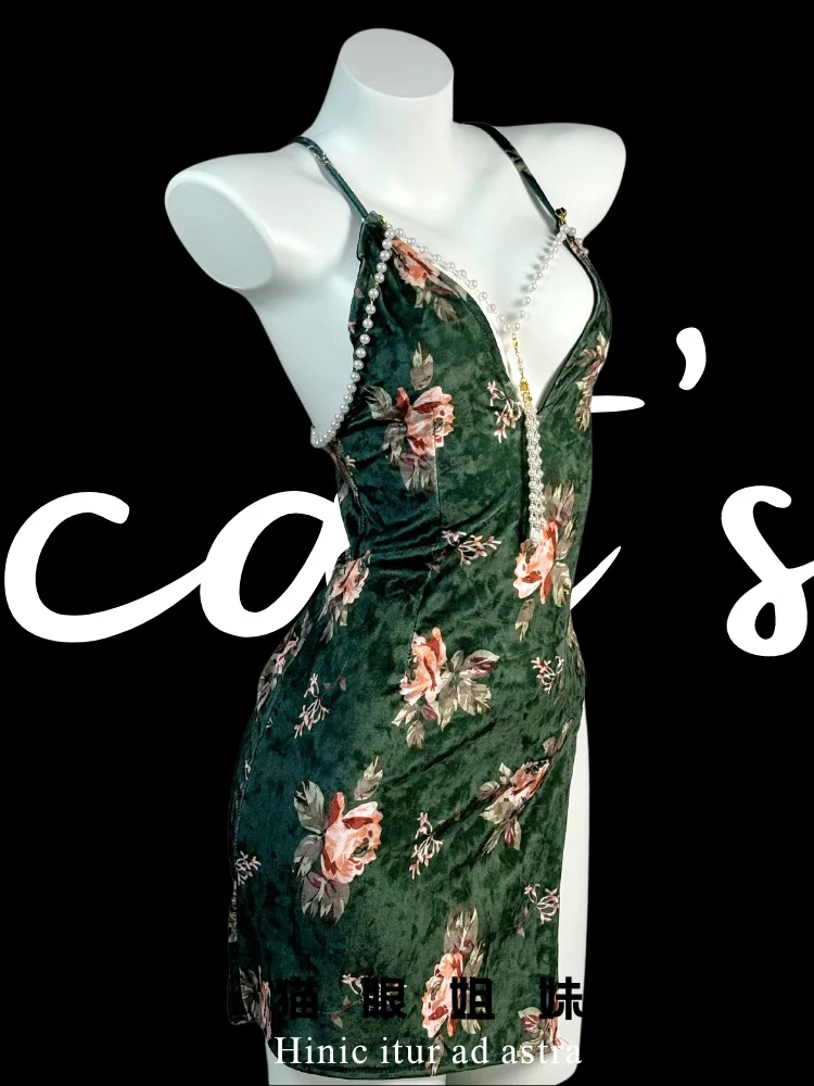 Women's Green Mini Floral Nightgown Off Shoulder Sleepdress Y2k Nightdress Bodysuit Sexy Exotic Mini Lingerie Coquette Clothes