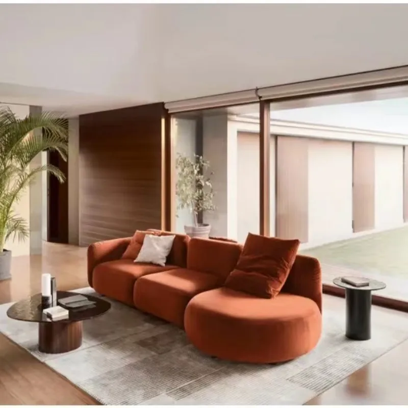 Round and soft light and luxurious arc sofa, double-sided sitting with high position and pedal caramel velvet fabric module