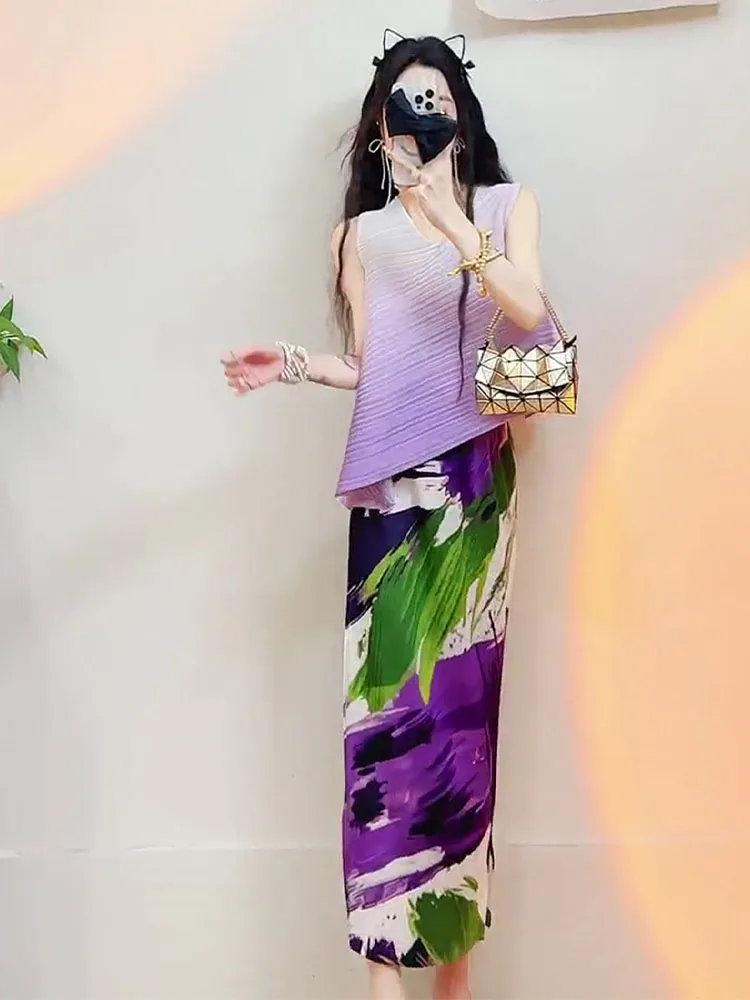 Unique Beautiful Purple Gradient Print Skirt Set Home Fashion Half-length Polyester Fibre Round-neck Two-piece Ensemble