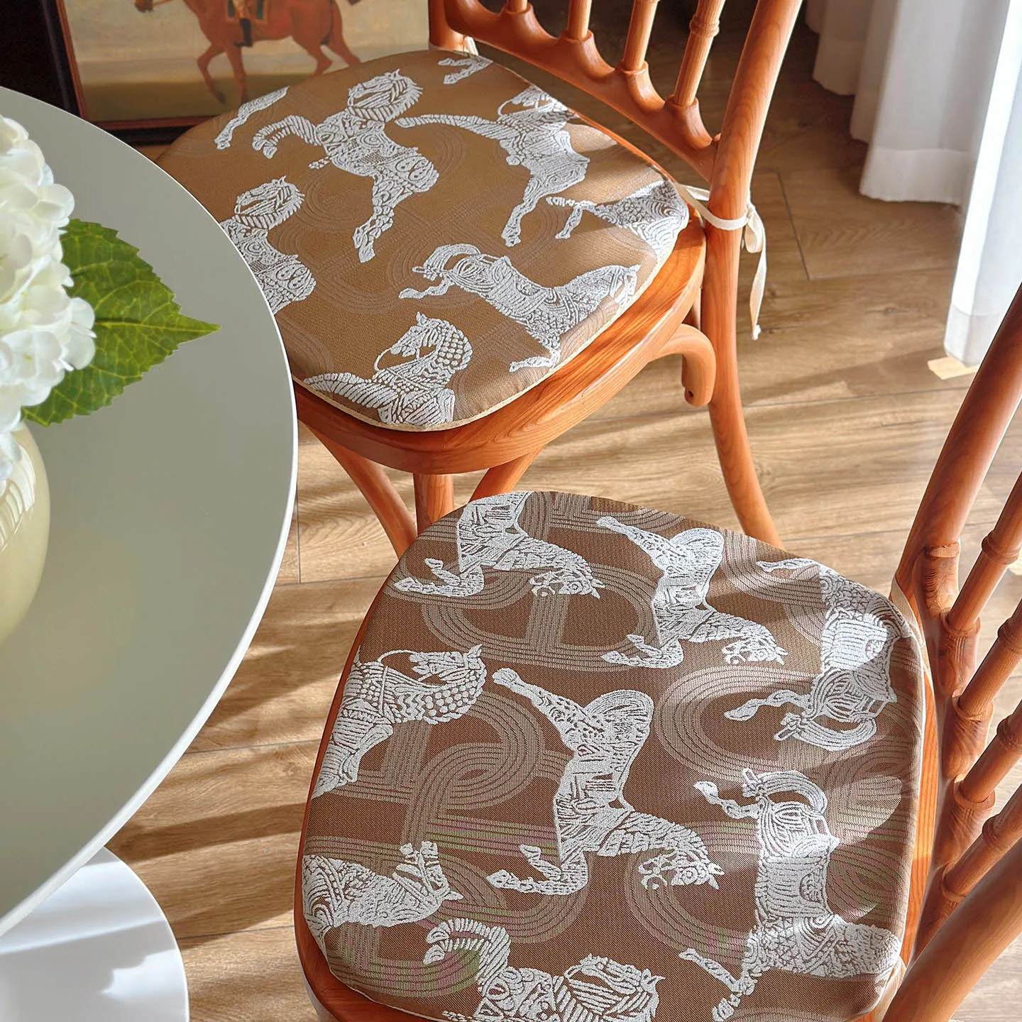 French Retro Style Thicken Dining Chair Cushion Horse Pattern All-Season Ventilate Seat Cover Living Room Cushion Detachable
