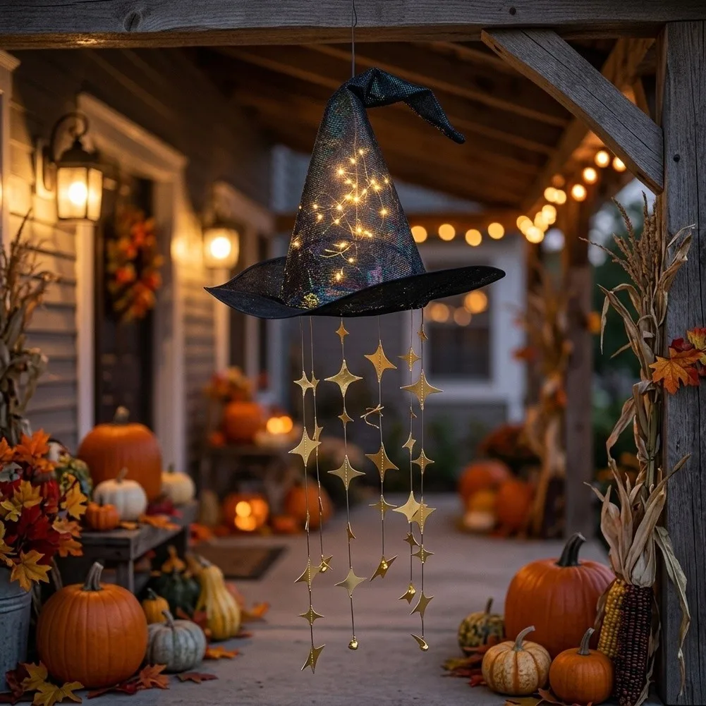 Light-Up Witch Hat Wind Chime With LED 48in Hanging Halloween Ornament Shimmering Star Mobile For Porch Patio Garden Decor