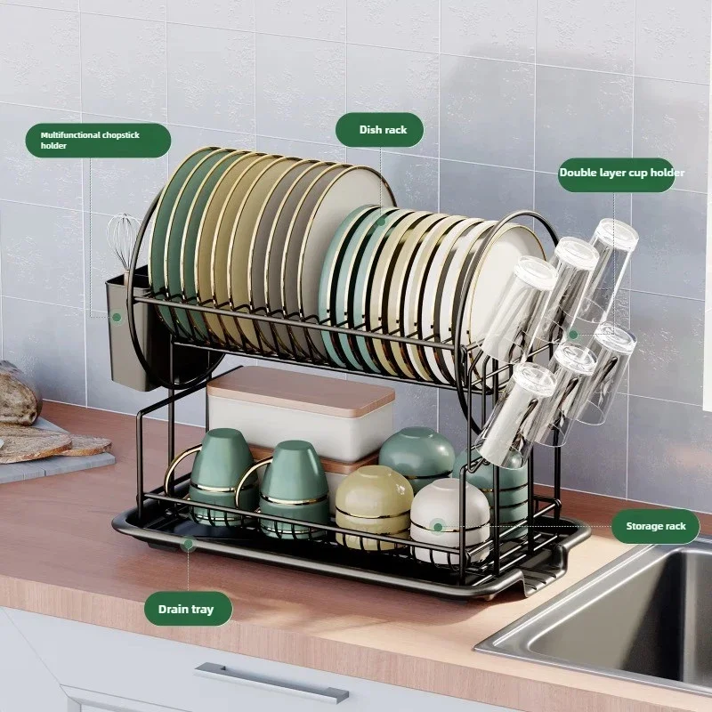 Tier Dish Drying Rack with Drain Board Cutlery Organizer Knife and Fork Holder Cup Stand and Kitchen Countertop Dish