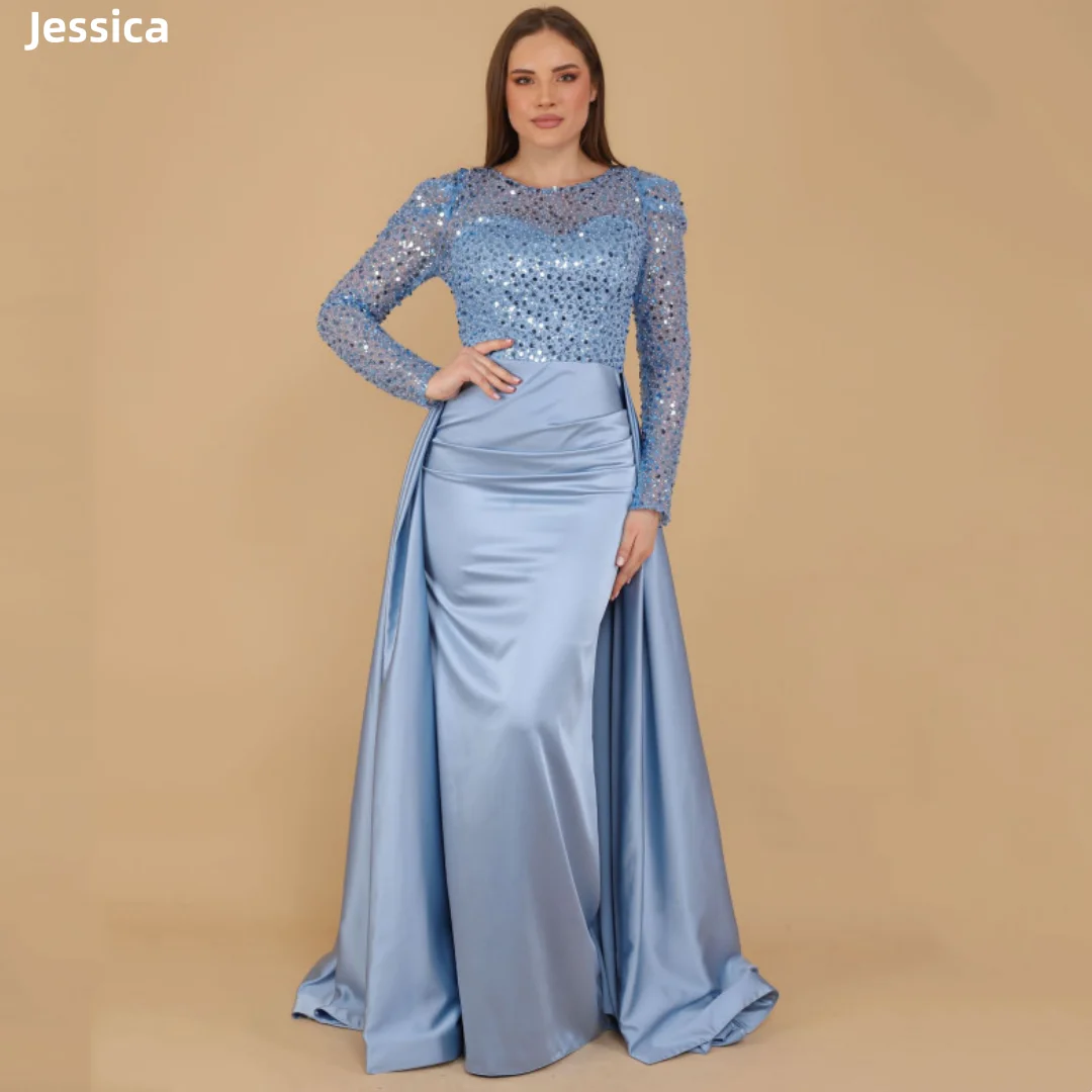 Jessica Sky Blue Wedding Dress Embroidered Sequins Arabian Ladies Prom Dresses Luxury Mermaid Satin فساتين سهرة Customized