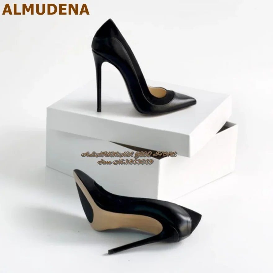 ALMUDENA sepatu pernikahan tambal sulam Suede kulit paten hitam merah panas 12Cm 10Cm 8Cm sepatu hak tinggi tipis ujung runcing